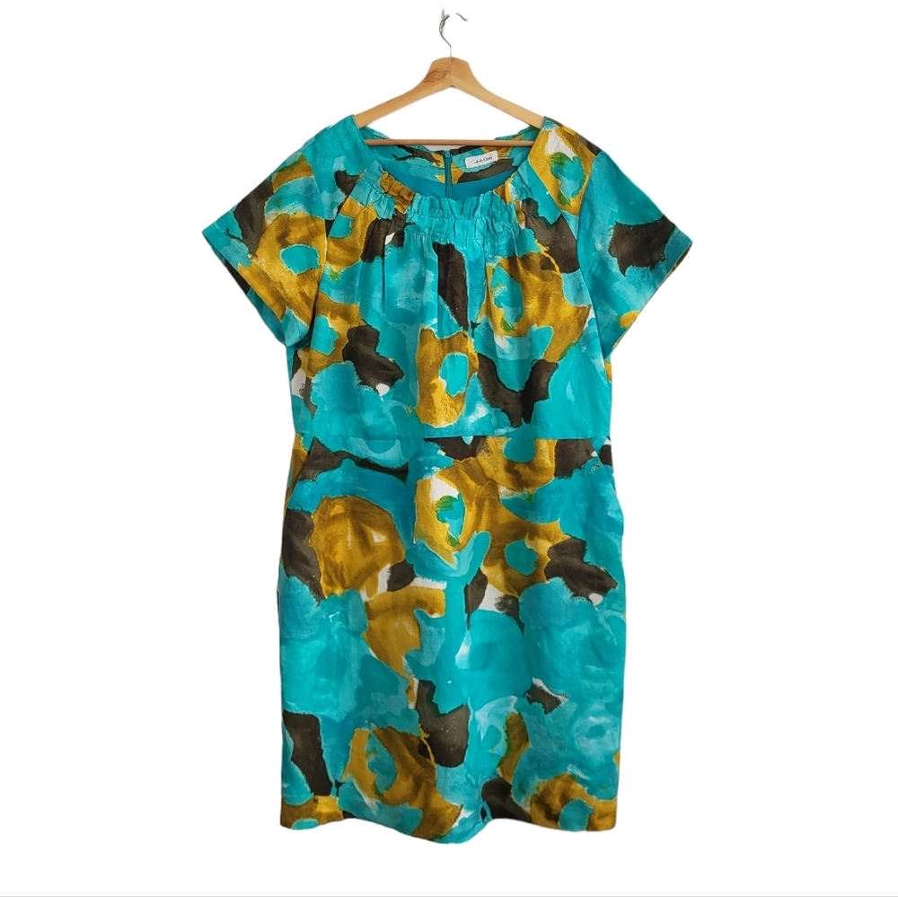 Calvin Klein Linen Blend Watercolor Cap Sleeve Pleated Scoop Neck Midi Dress 2X